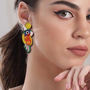Jeweled & Seed Beaded Tropical Parrot Resort Style Statement Earrings NEW